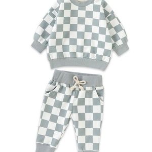 18-24 Months blue and white French terry checkered toddler sweater set!
